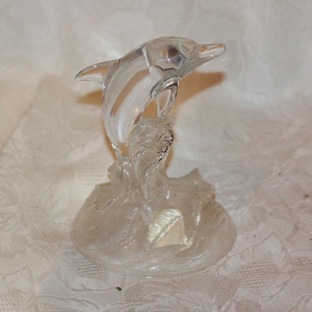 Vintage Clear Glass Jumping Dolphin on a Frosted Waves Base - 6” Figurine